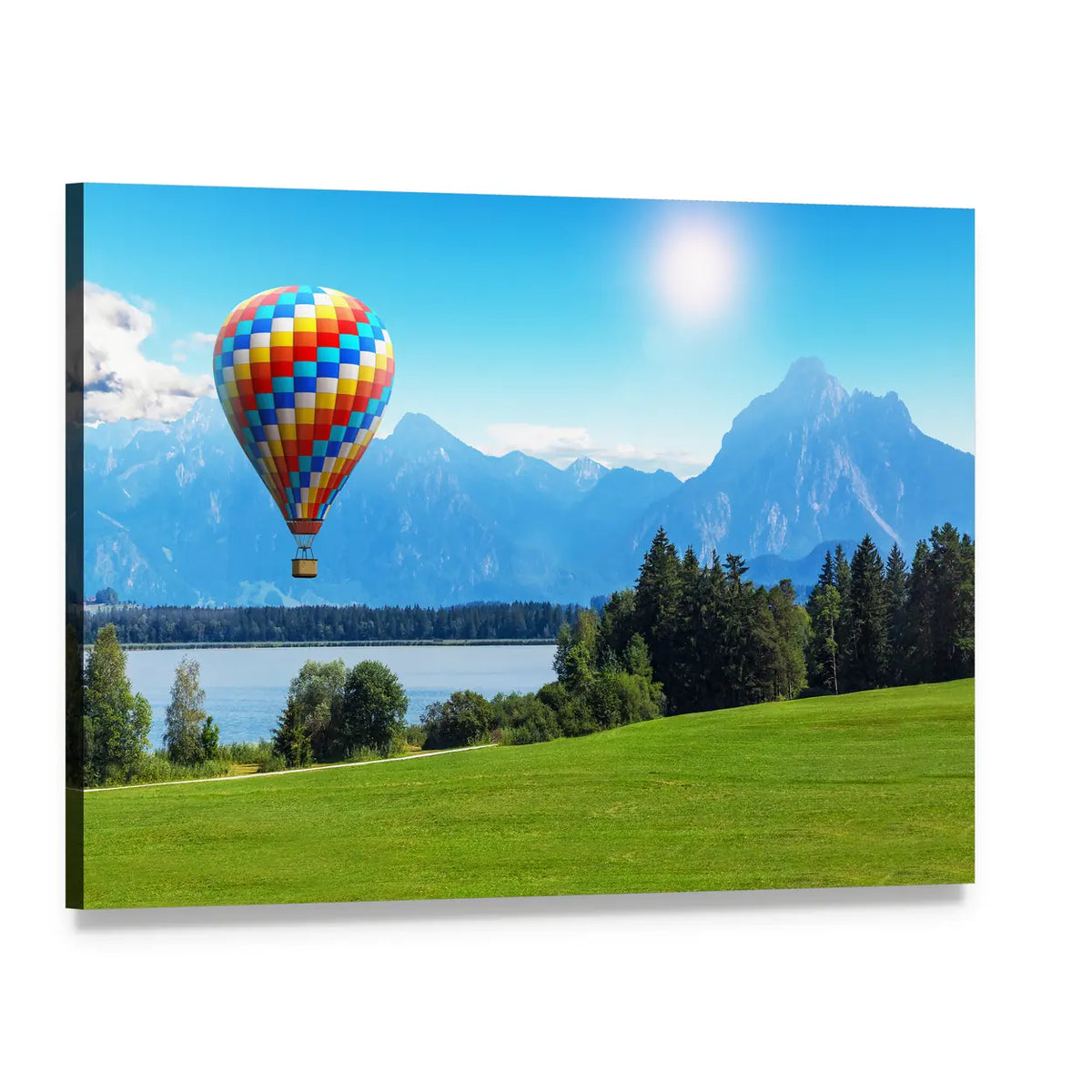 Bavaria Hot Air Balloon Over Alpine Lake Canvas Wall Art, single panel gallery wrapped canvas, angled product view