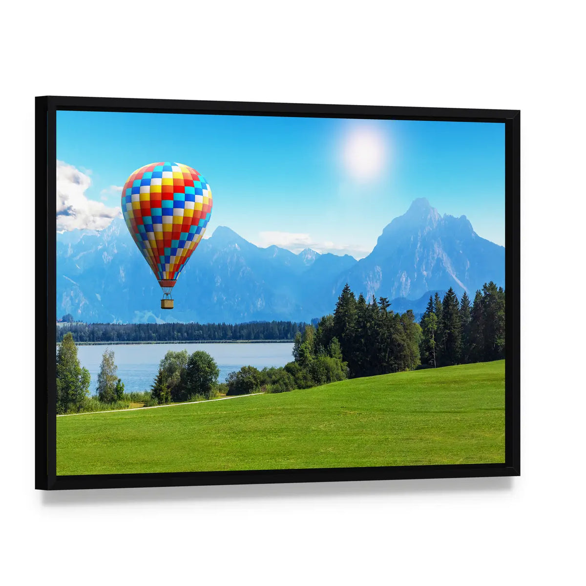 Bavaria Hot Air Balloon Over Alpine Lake Canvas Wall Art, framed canvas in a black floater frame, angled product view