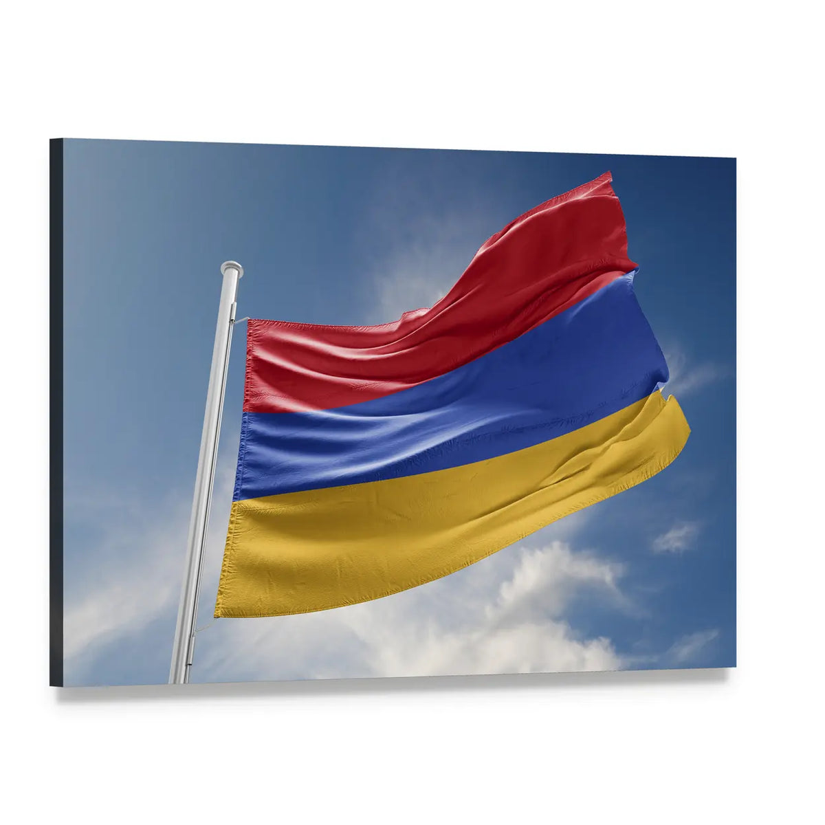 Armenian Flag on Silver Pole Canvas Wall Art, single panel gallery wrapped canvas, angled product view