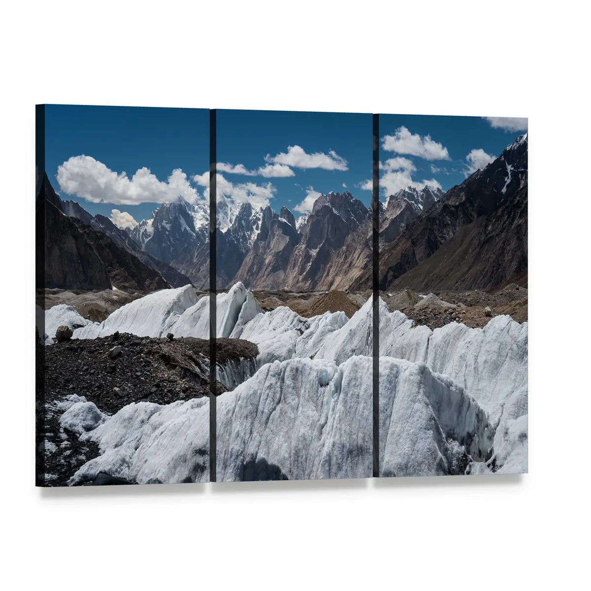 Baltoro Glacier Landscape Canvas Wall Art, 3 panel 3 Horizontal layout gallery wrapped canvas set, angled product view