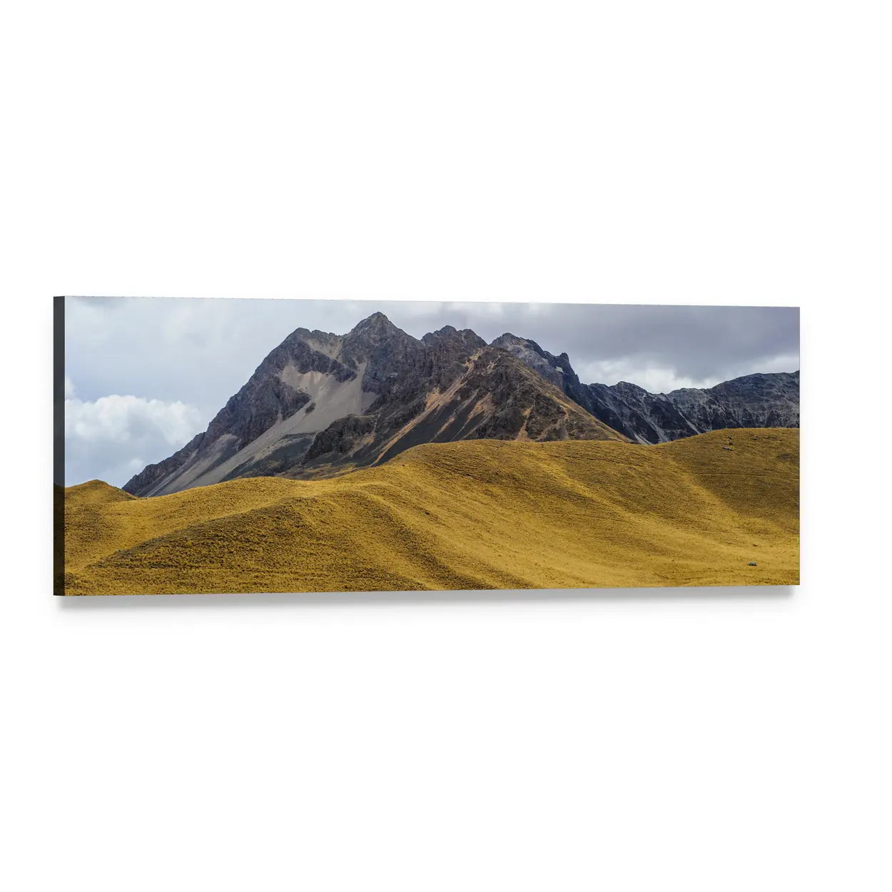 Jagged Peaks and Golden Hills Panoramic Canvas Wall Art, single panel gallery wrapped canvas, angled product view