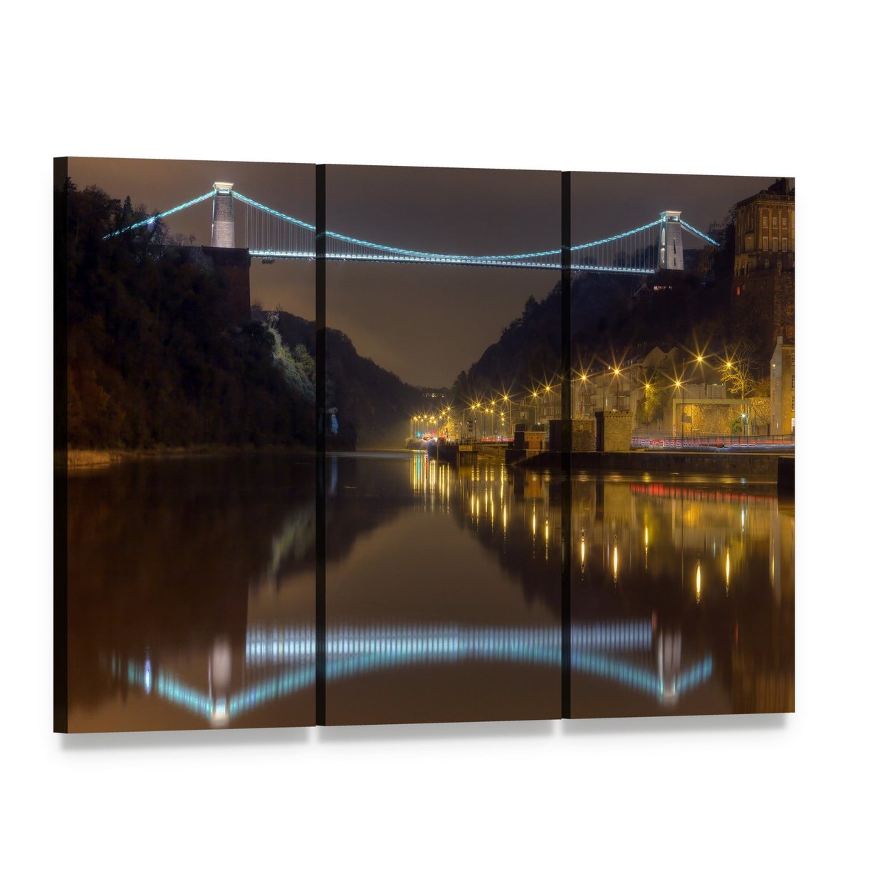 Clifton Bridge at Night Canvas Wall Art, 3 panel 3 Horizontal layout gallery wrapped canvas set, angled product view