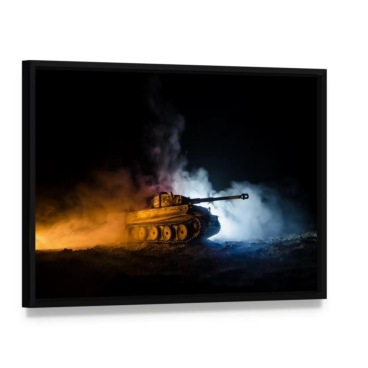 German Tiger I Tank in Action Canvas Wall Art, framed canvas in a black floater frame, angled product view