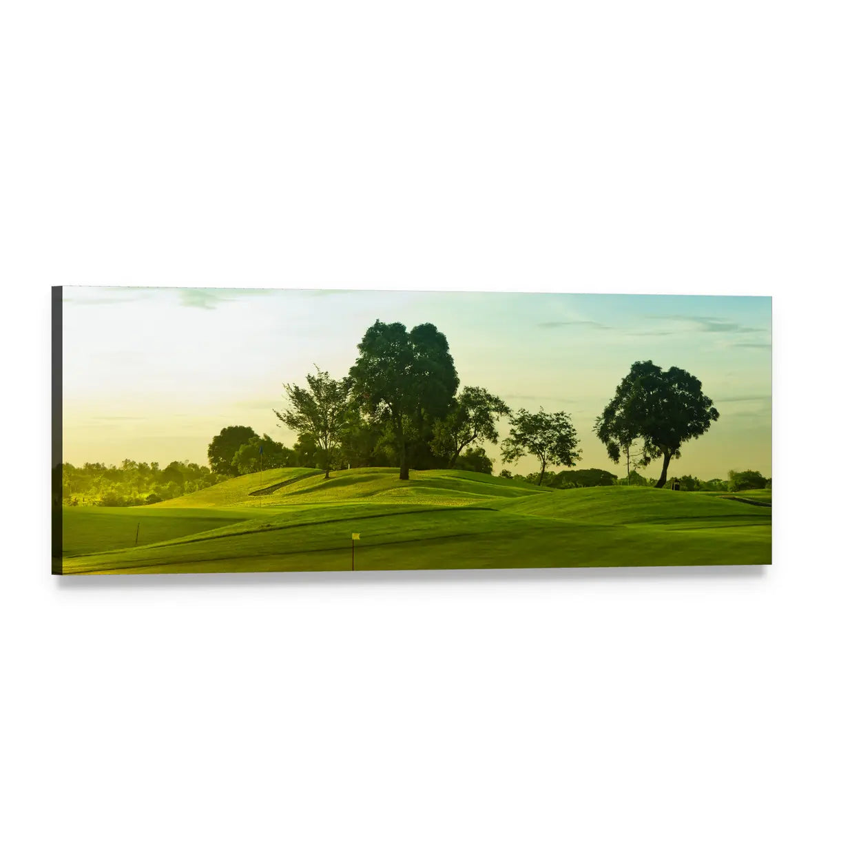 Golf Course at Golden Hour Panoramic Canvas Wall Art, single panel gallery wrapped canvas, angled product view