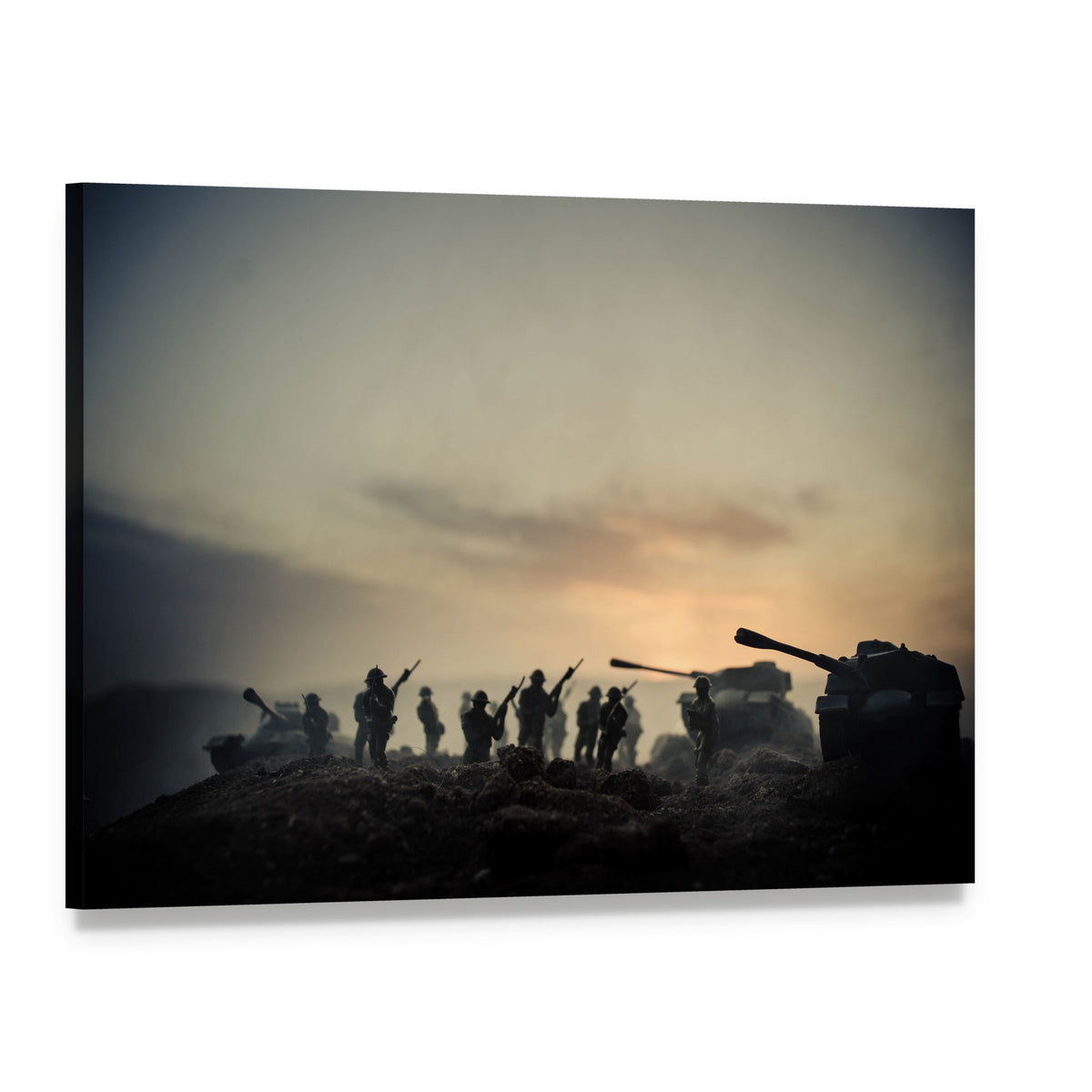 World War Soldier Silhouettes at Sunset Canvas Wall Art, single panel gallery wrapped canvas, angled product view