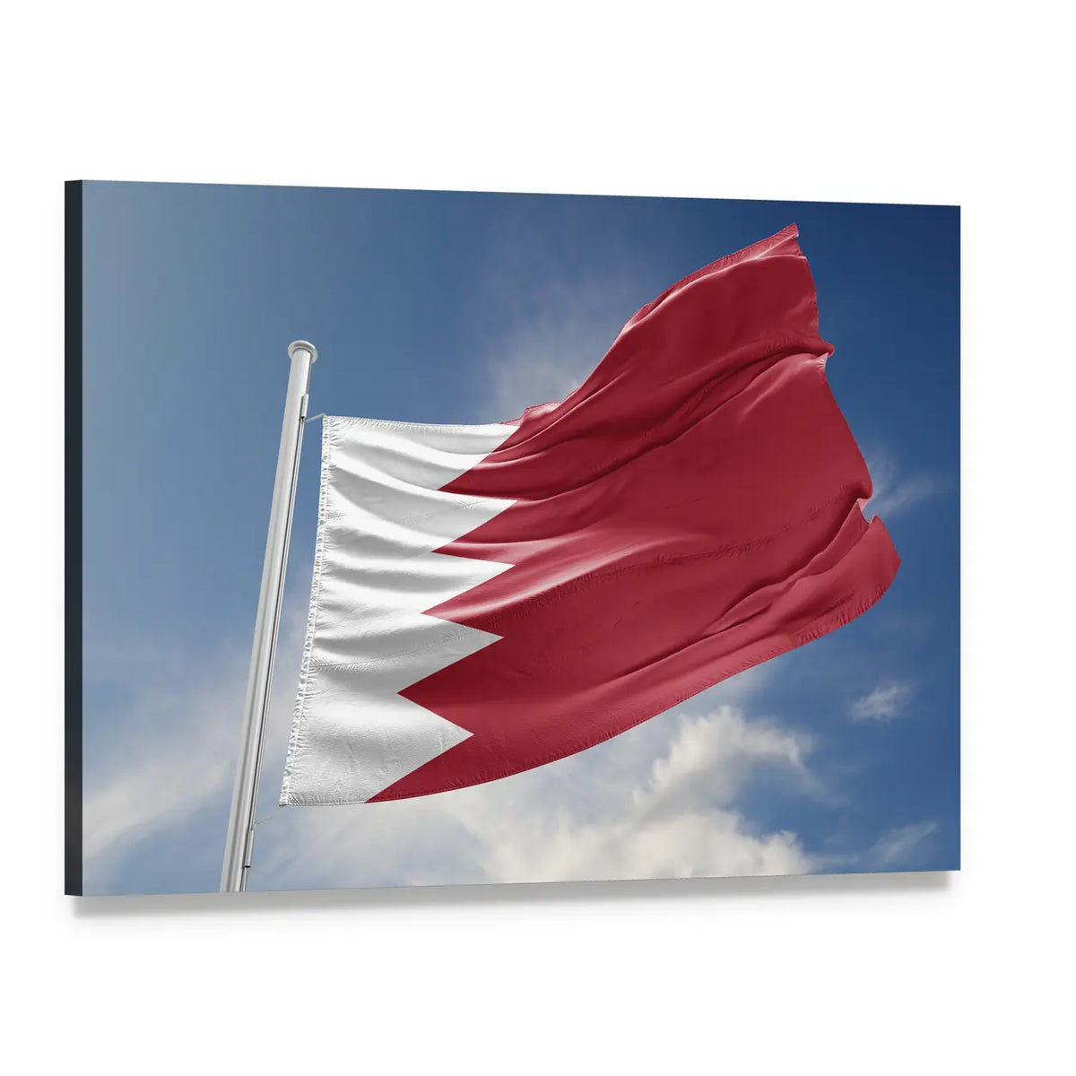Bahrain Flag Against Blue Sky Canvas Wall Art, single panel gallery wrapped canvas, angled product view