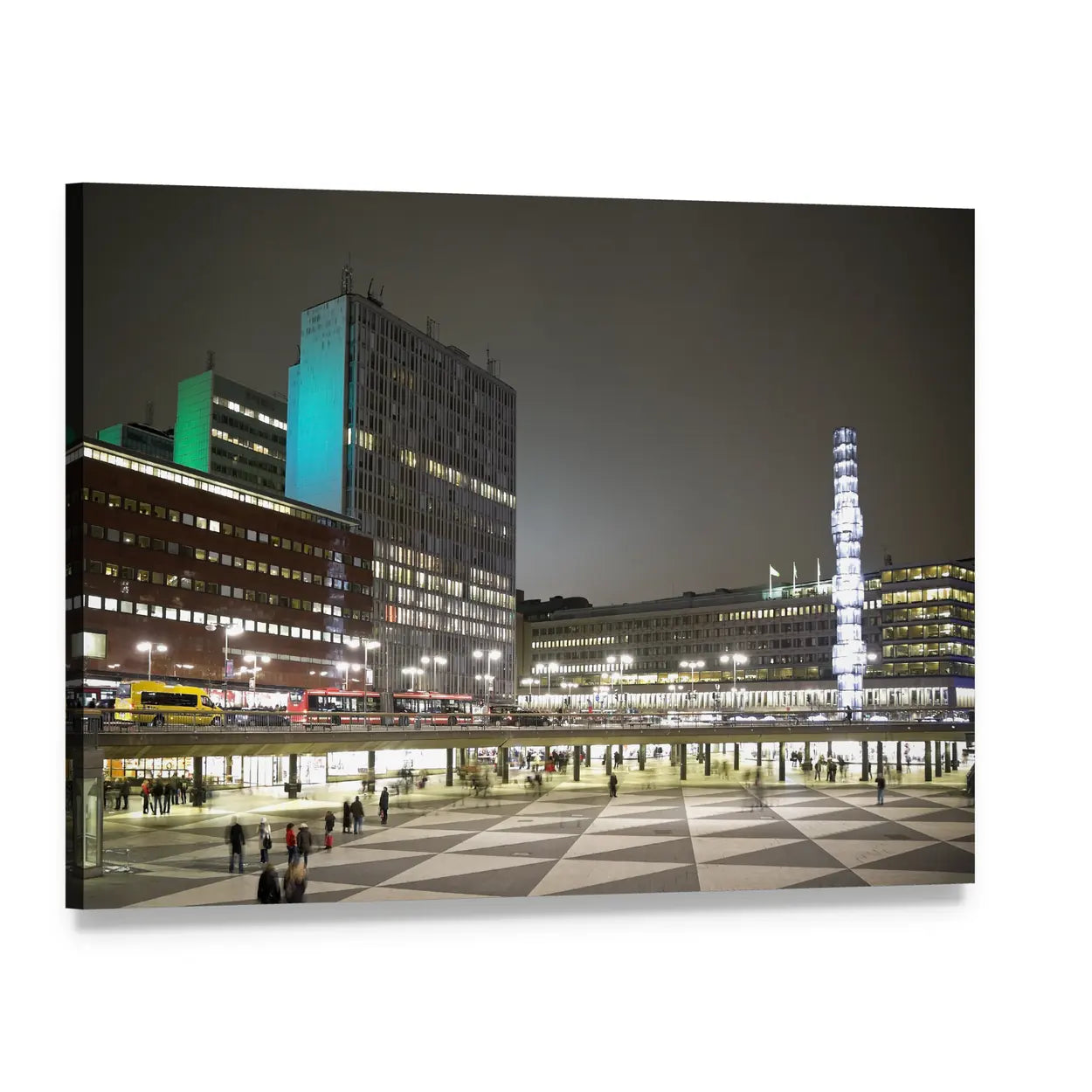 Sergels Torg Square at Night Canvas Wall Art, single panel gallery wrapped canvas, angled product view