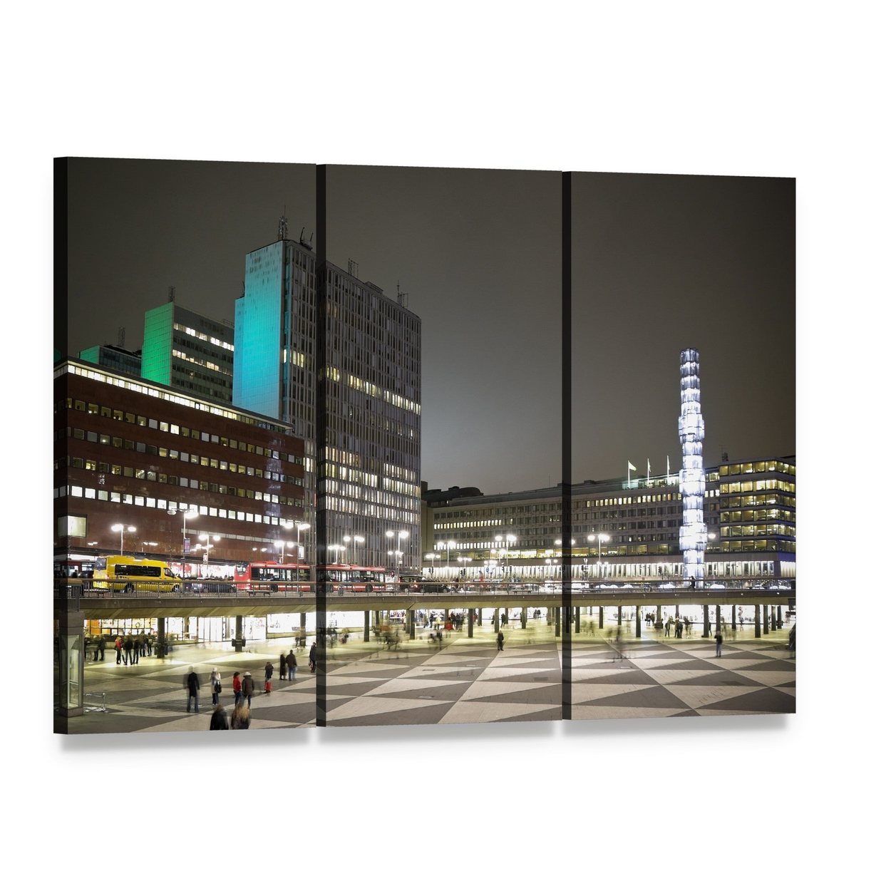 Sergels Torg Square at Night Canvas Wall Art, 3 panel 3 Horizontal layout gallery wrapped canvas set, angled product view