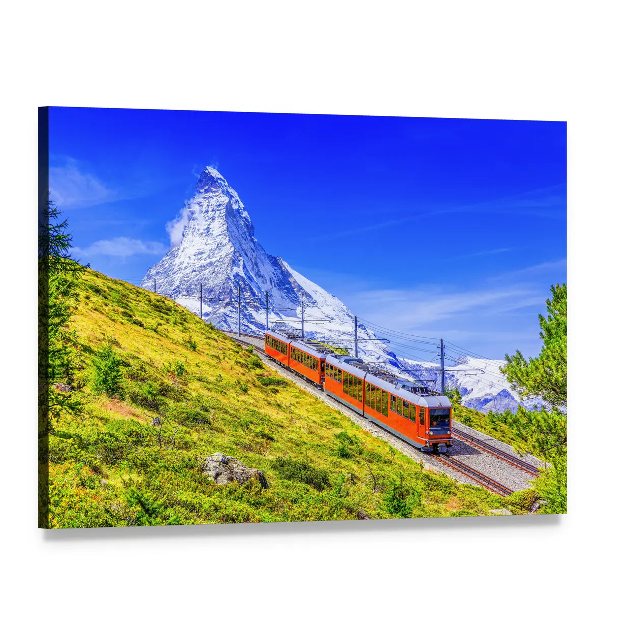 Red Cogwheel Train Toward Matterhorn Peak Canvas Wall Art, single panel gallery wrapped canvas, angled product view