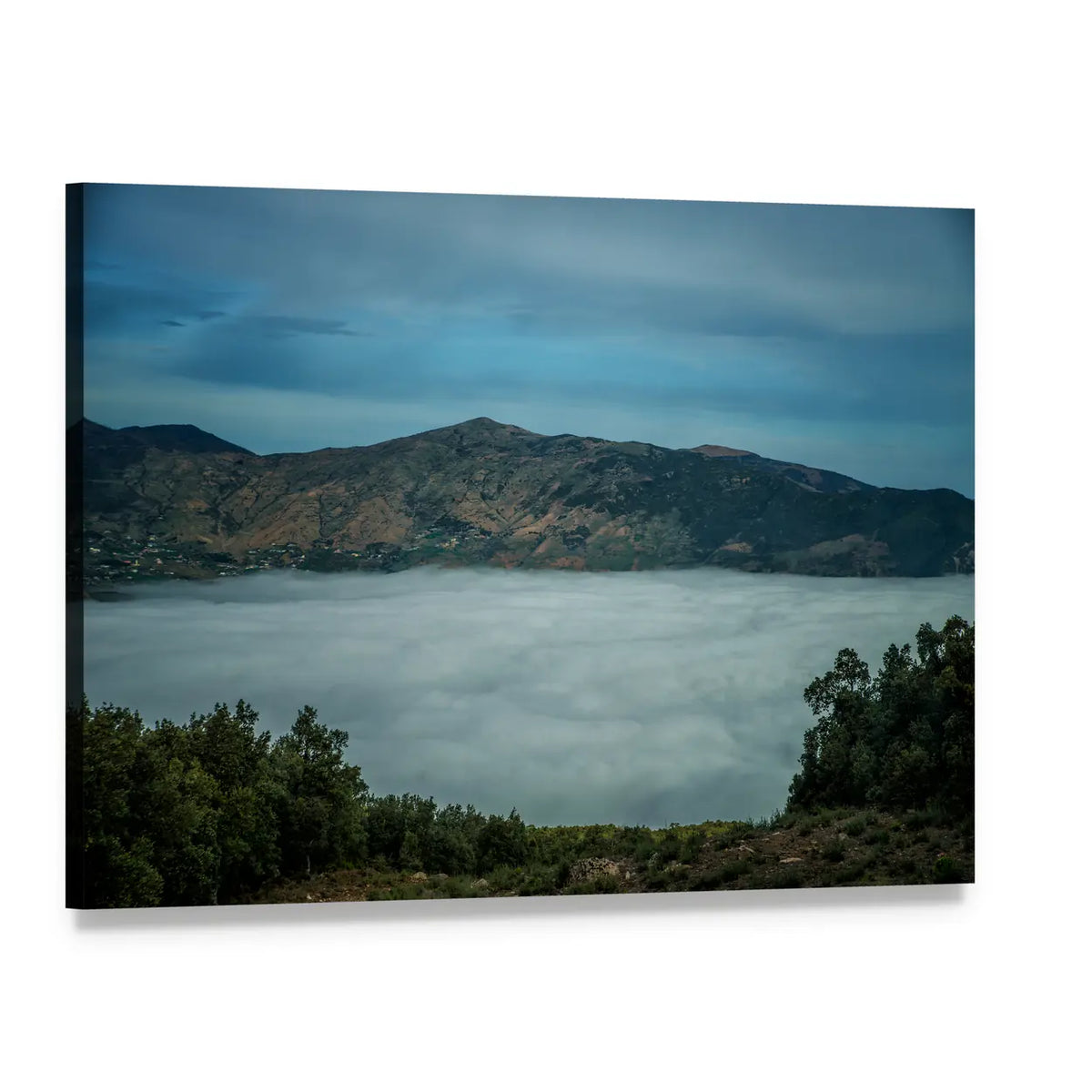 Rif Mountains with Misty Lake Canvas Wall Art, single panel gallery wrapped canvas, angled product view