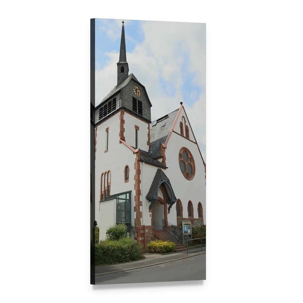 White Church Steeple with Rose Window and Clock Vertical Canvas Wall Art, 1 panel 1 Vertical layout gallery wrapped canvas set, angled product view