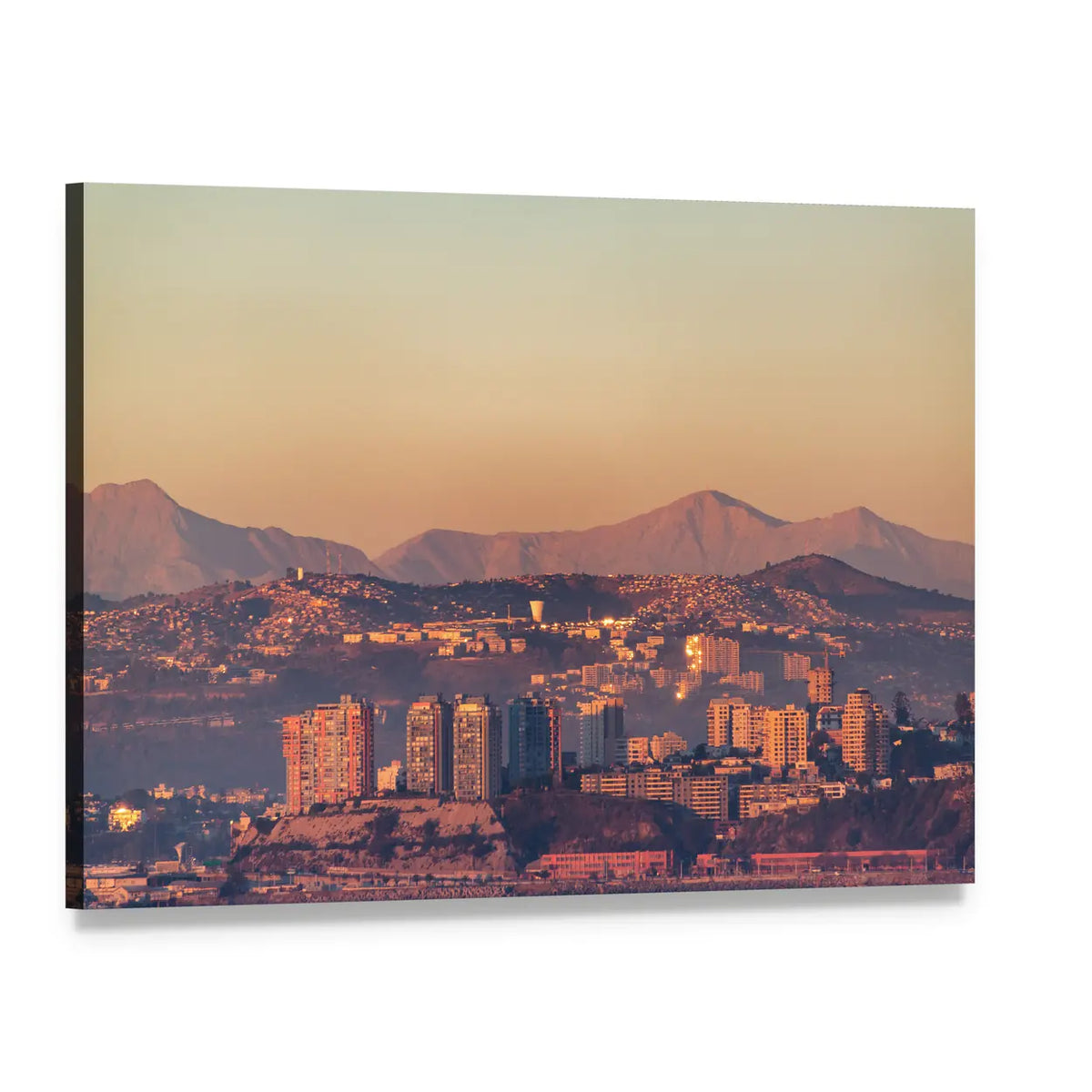 Sunset Over Hillside City Canvas Wall Art, single panel gallery wrapped canvas, angled product view