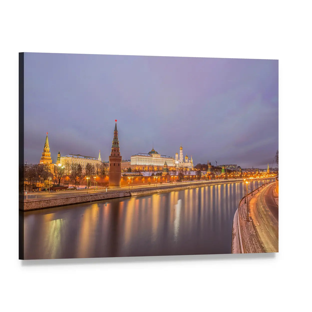 Moscow Kremlin Evening Reflections Canvas Wall Art, single panel gallery wrapped canvas, angled product view
