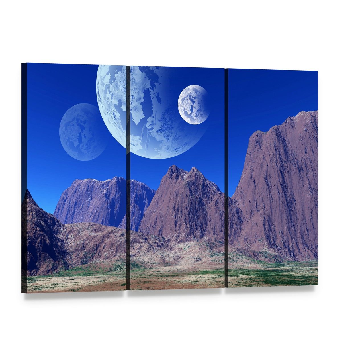 Alien Landscape with Three Moons Canvas Wall Art, 3 panel 3 Horizontal layout gallery wrapped canvas set, angled product view