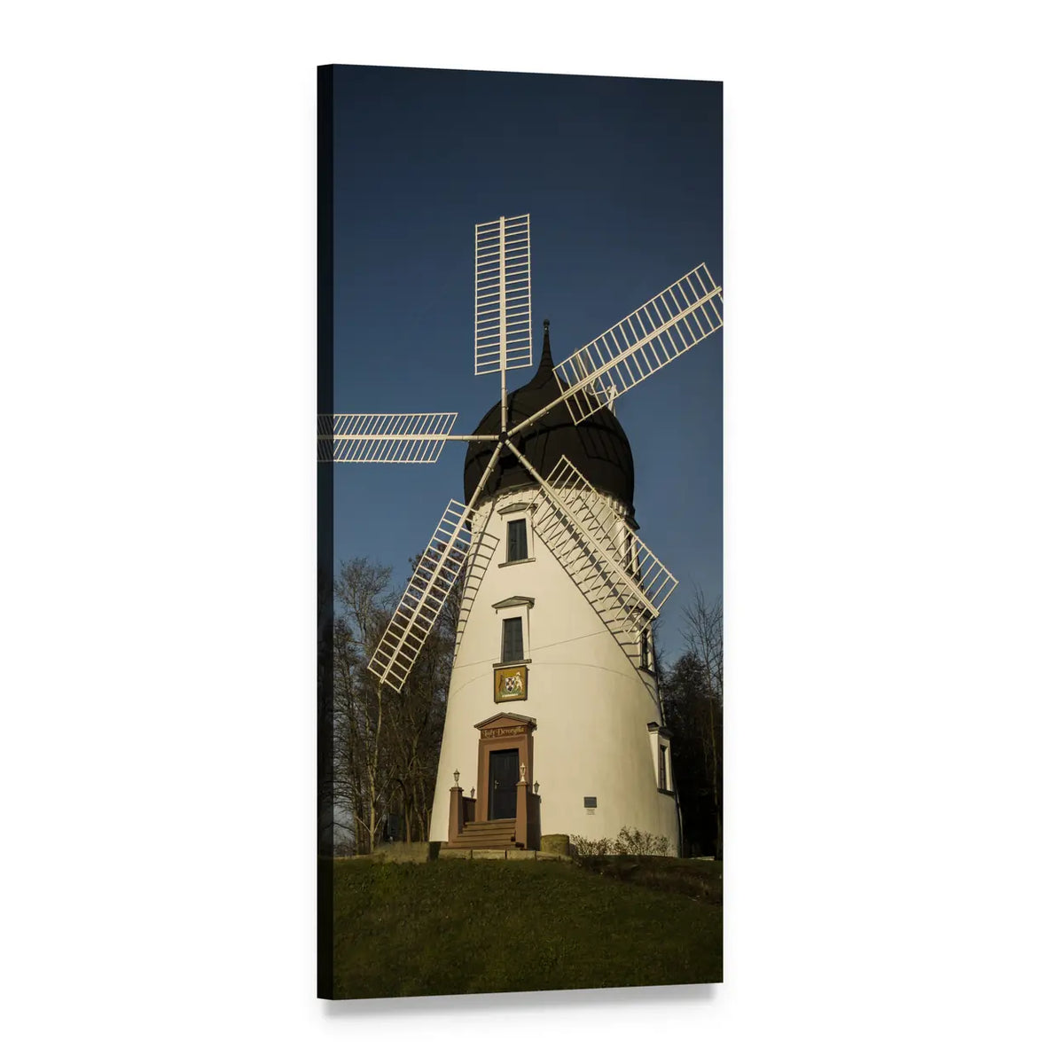 White Windmill Under Blue Sky Vertical Canvas Wall Art, 1 panel 1 Vertical layout gallery wrapped canvas set, angled product view
