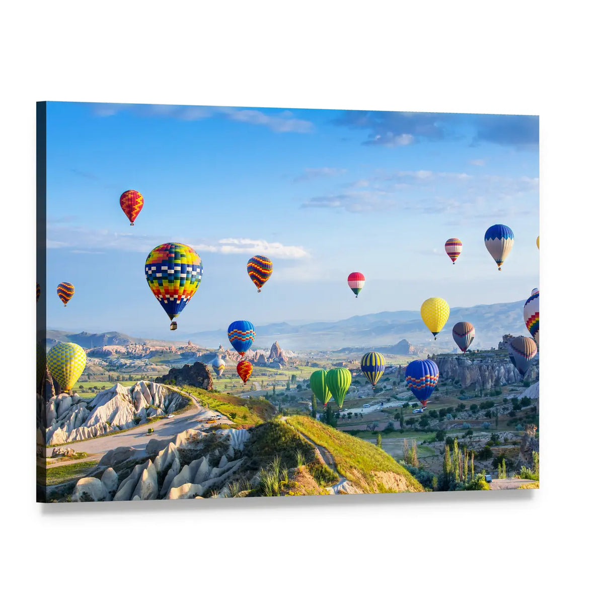 Hot Air Balloons Over Cappadocia Canvas Wall Art, single panel gallery wrapped canvas, angled product view