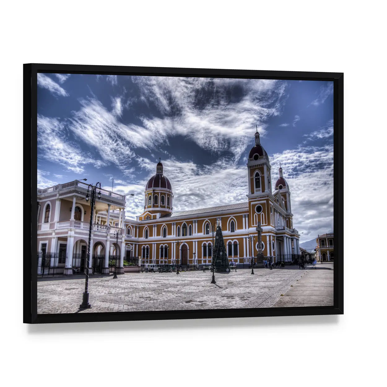 Cathedral of Granada In Nicaragua Canvas Wall Art, framed canvas in a black floater frame, angled product view