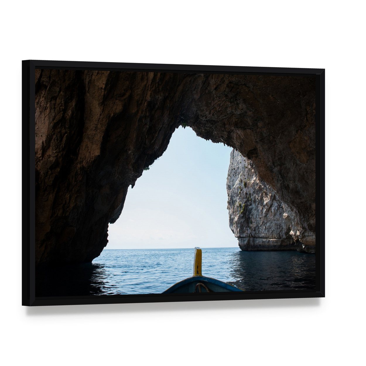 Inside Blue Grotto Cave View Canvas Wall Art, framed canvas in a black floater frame, angled product view