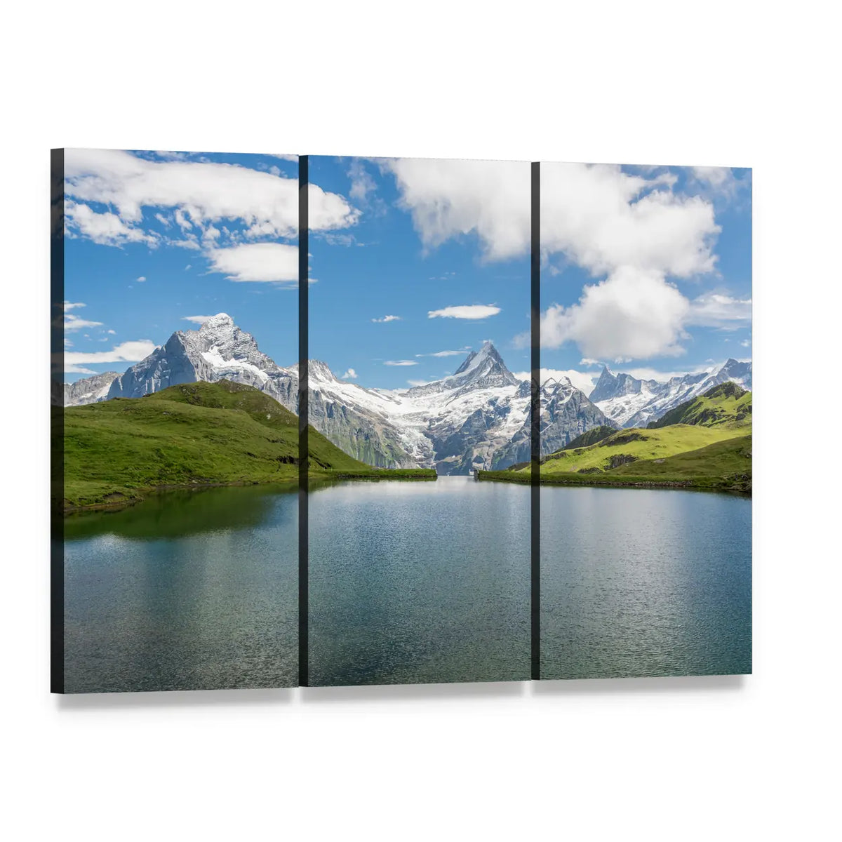 Bachalpsee Lake with Snow-capped Mountains Canvas Wall Art, 3 panel 3 Horizontal layout gallery wrapped canvas set, angled product view