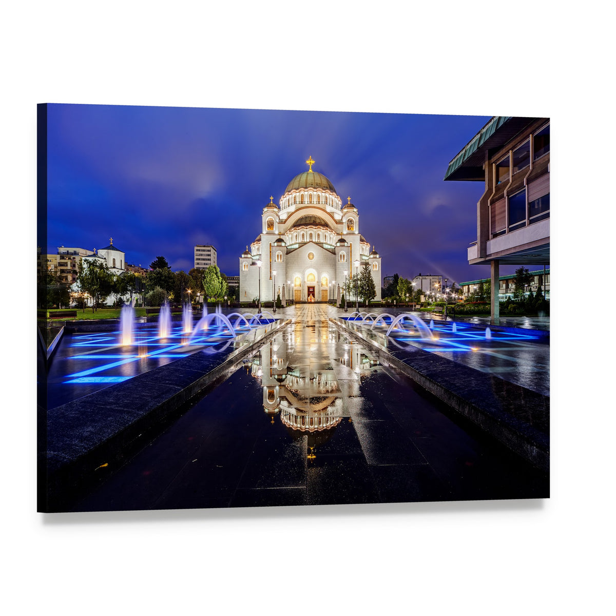 Saint Sava Temple in Belgrade at Night Canvas Wall Art, single panel gallery wrapped canvas, angled product view