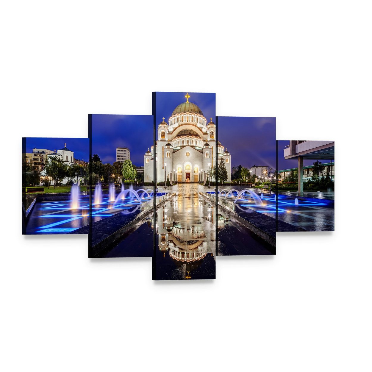 Saint Sava Temple in Belgrade at Night Canvas Wall Art, 5 panel 5 Star layout gallery wrapped canvas set, angled product view
