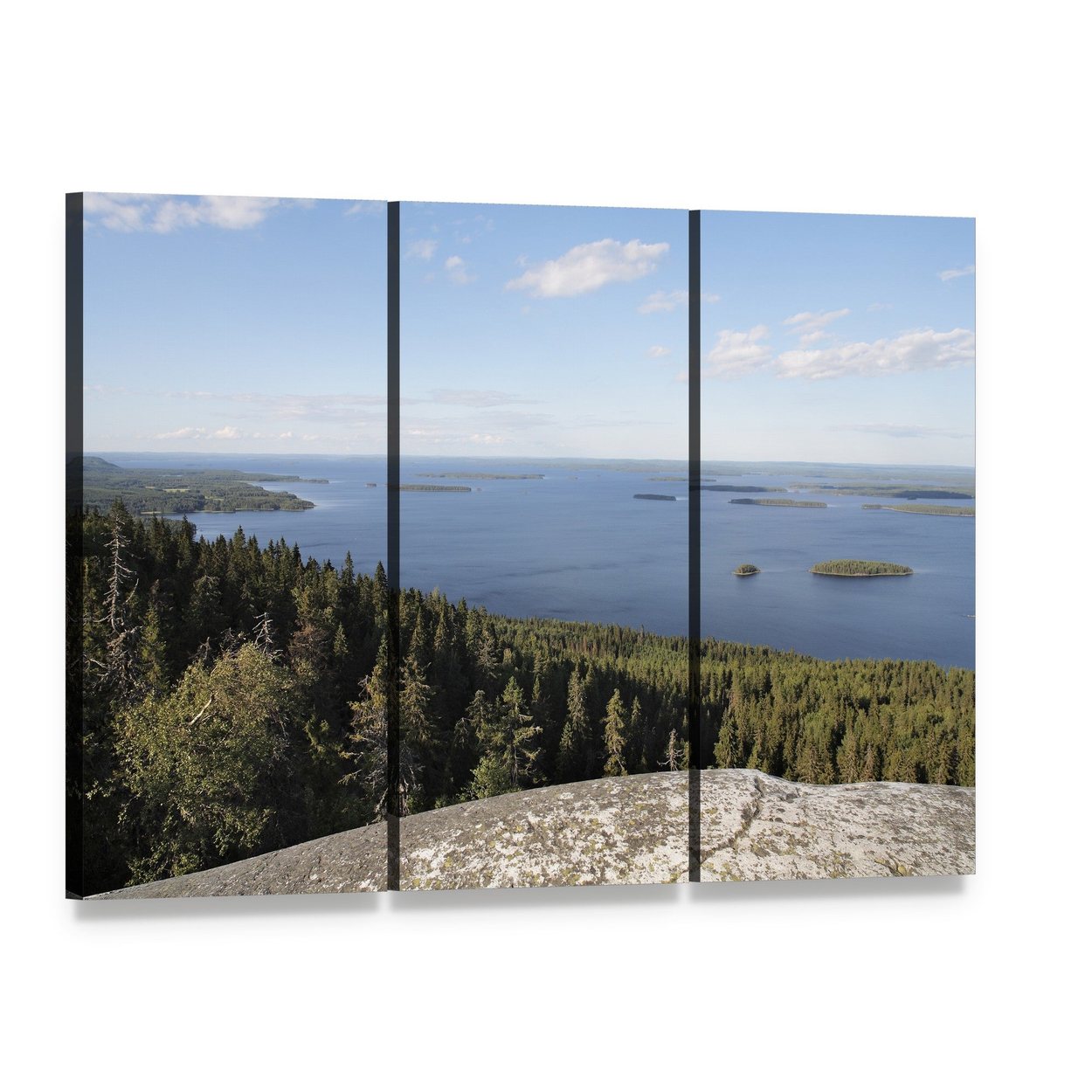 Rocky Island on a Finnish Lake Canvas Wall Art, 3 panel 3 Horizontal layout gallery wrapped canvas set, angled product view