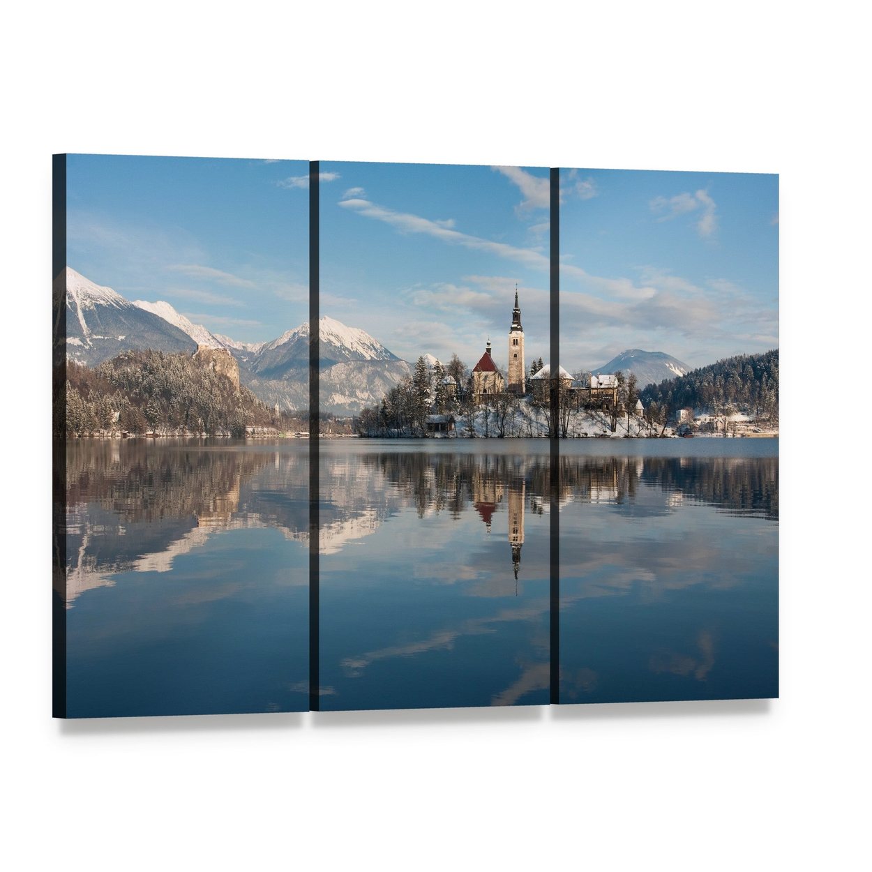 Lake Bled Island Church Canvas Wall Art, 3 panel 3 Horizontal layout gallery wrapped canvas set, angled product view