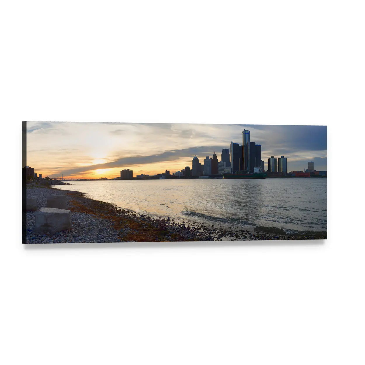 Detroit City Skyline at Sunset Panoramic Canvas Wall Art, single panel gallery wrapped canvas, angled product view