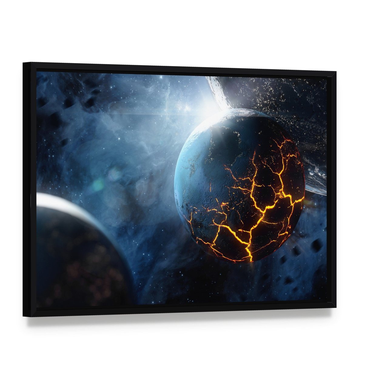 Lava Planet in Cosmic Space Canvas Wall Art, framed canvas in a black floater frame, angled product view