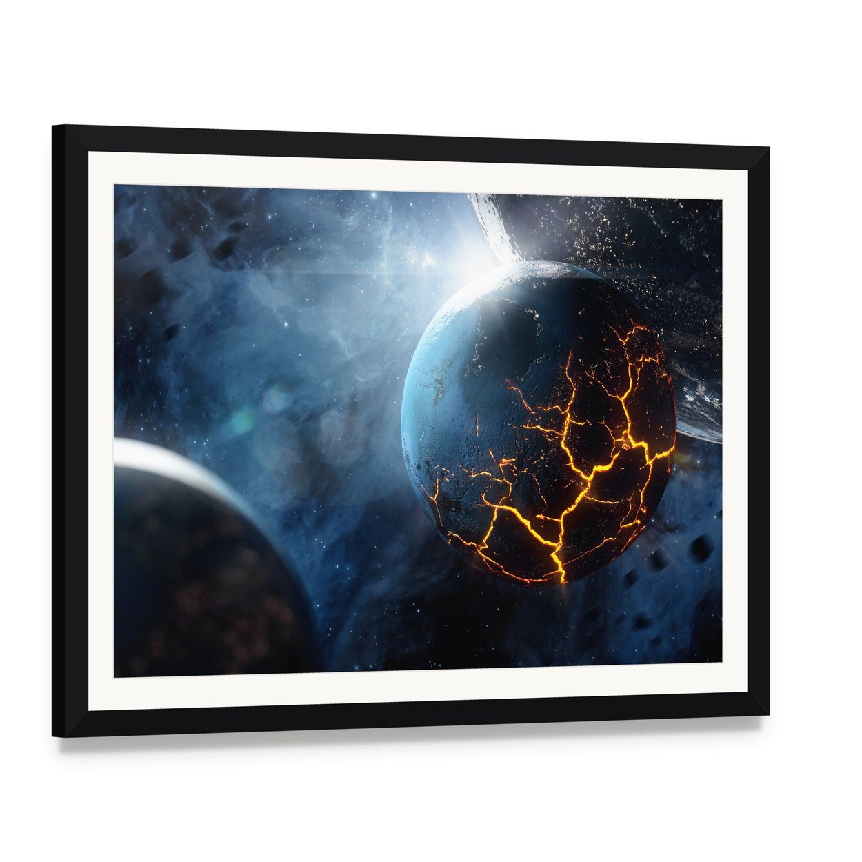Lava Planet in Cosmic Space Canvas Wall Art, framed print with white mat and black frame, angled product view