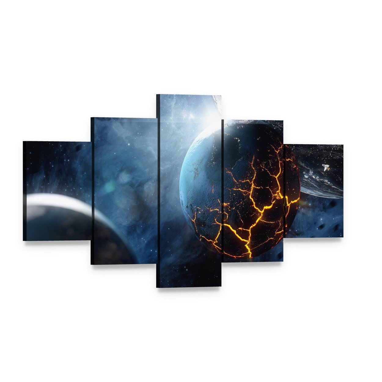 Lava Planet in Cosmic Space Canvas Wall Art, 5 panel 5 Star layout gallery wrapped canvas set, angled product view