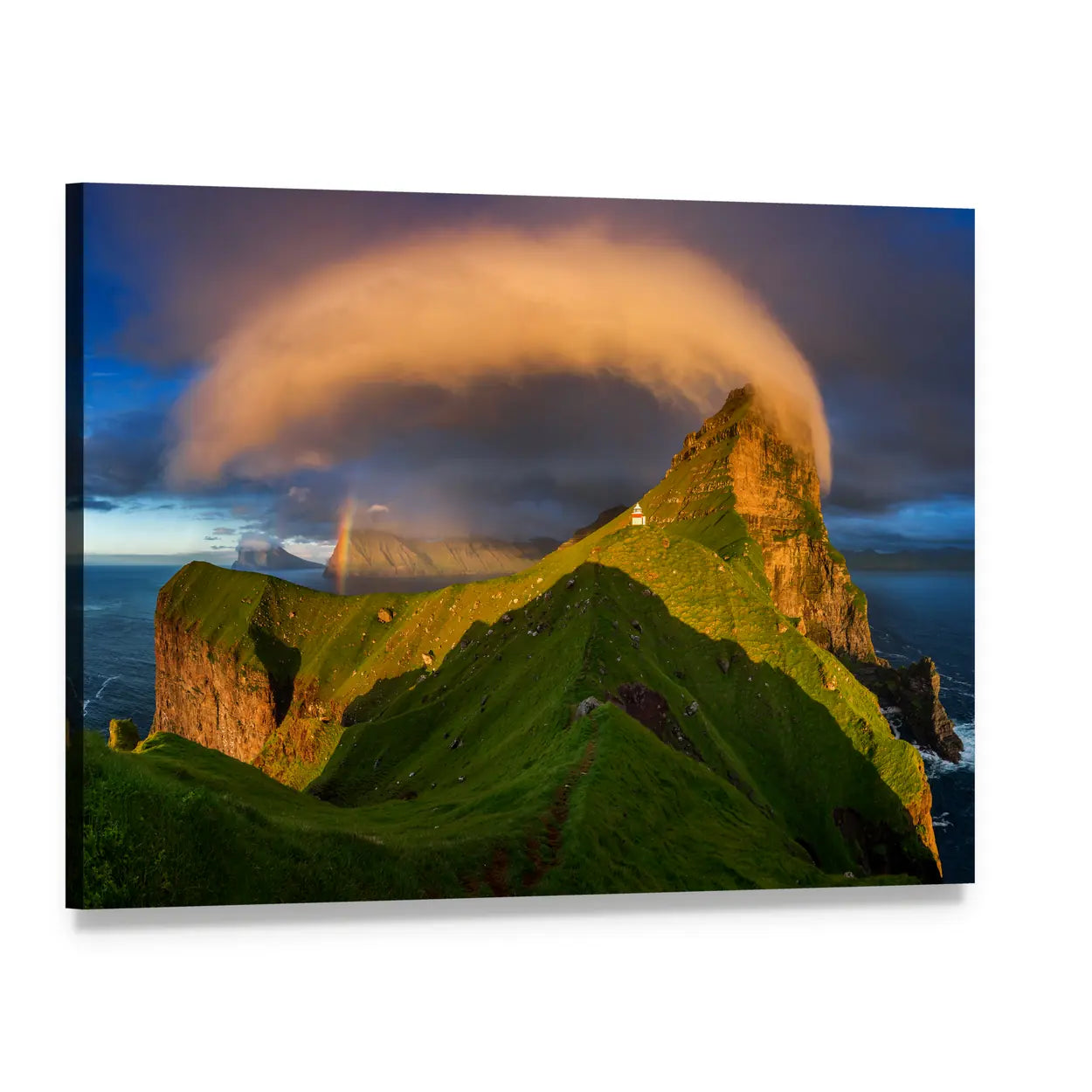 Faroe Cliffs with Lighthouse and Rainbow Canvas Wall Art, single panel gallery wrapped canvas, angled product view