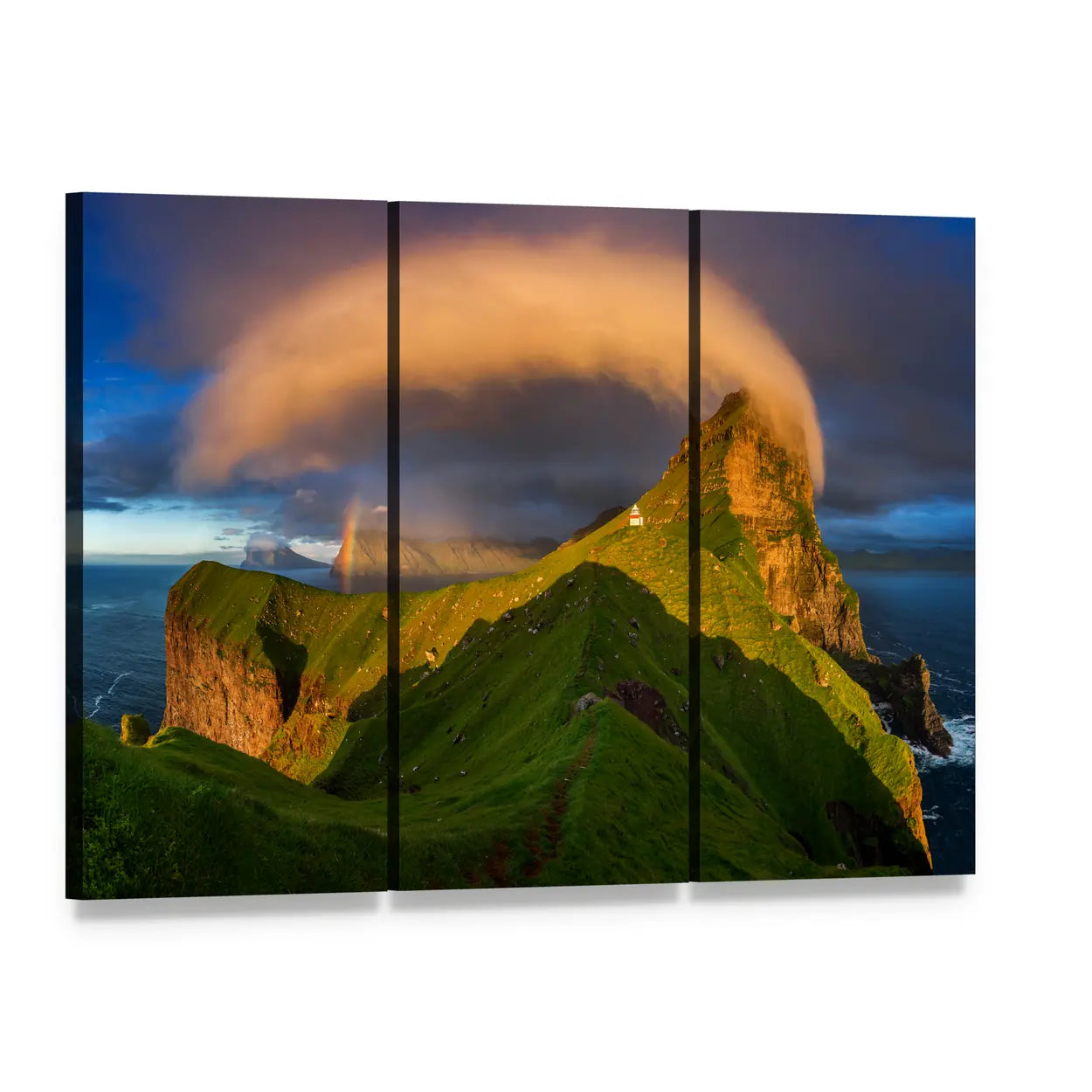 Kalsoy Island Lighthouse at Dusk Canvas Wall Art, 3 panel 3 Horizontal layout gallery wrapped canvas set, angled product view