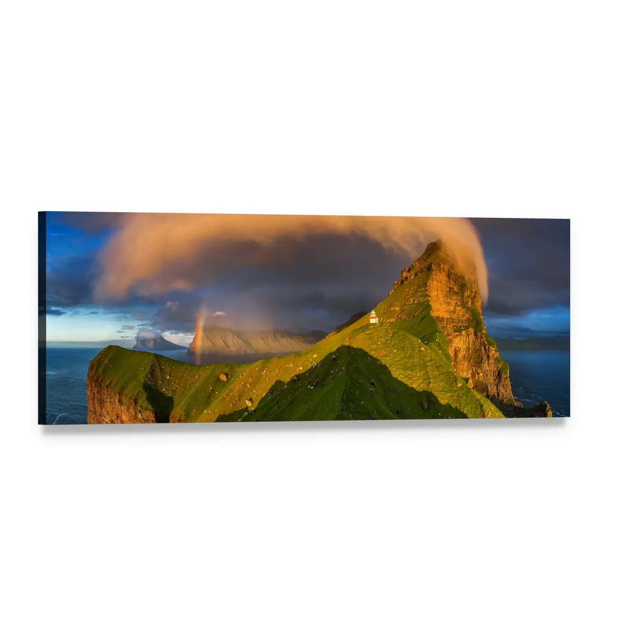 Kalsoy Island Lighthouse at Sunset Panoramic Canvas Wall Art, single panel gallery wrapped canvas, angled product view