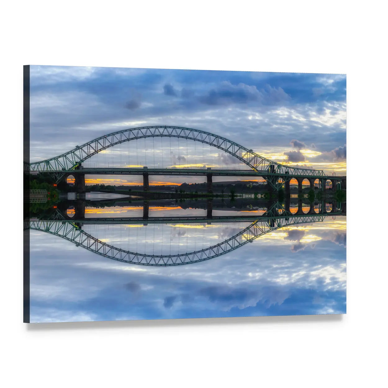 Arch Bridge at Sunset Over Reflective River Canvas Wall Art, single panel gallery wrapped canvas, angled product view