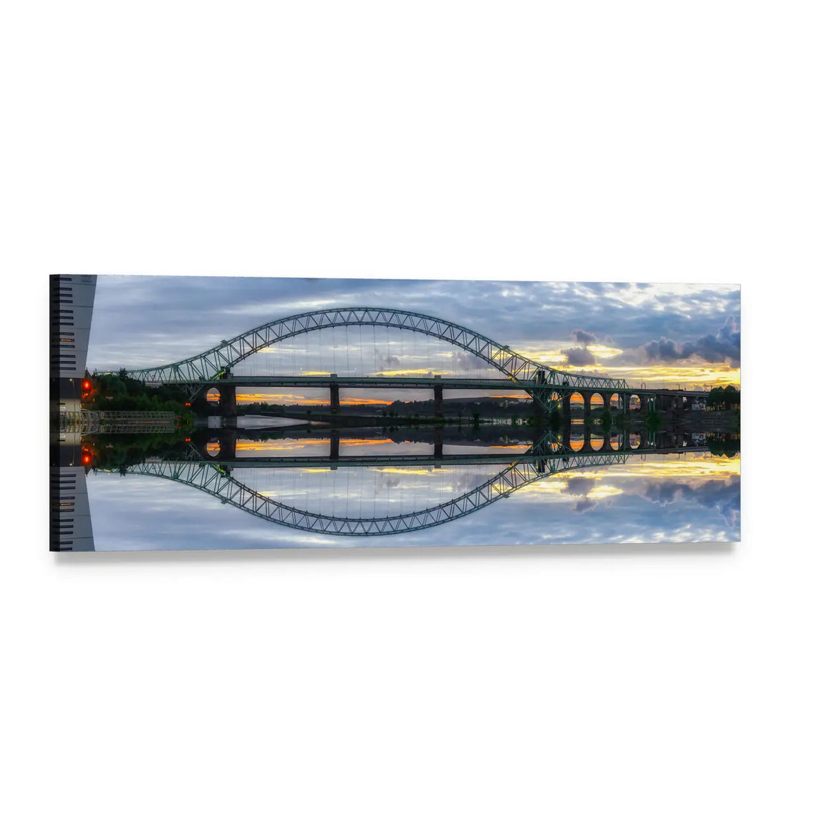 Arched Bridge Over River at Sunset Panoramic Canvas Wall Art, single panel gallery wrapped canvas, angled product view