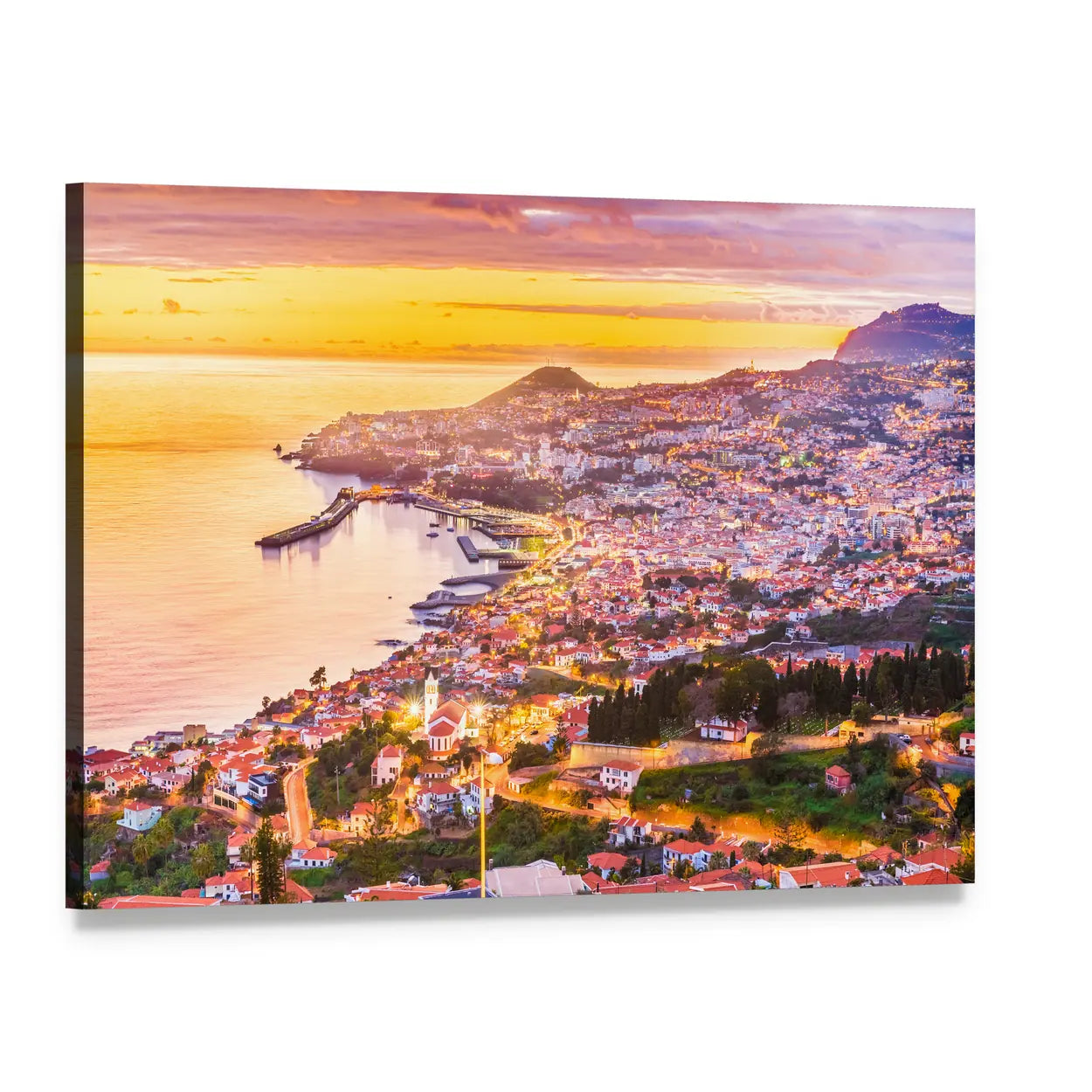 Madeira Island Sunset Harbor Canvas Wall Art, single panel gallery wrapped canvas, angled product view