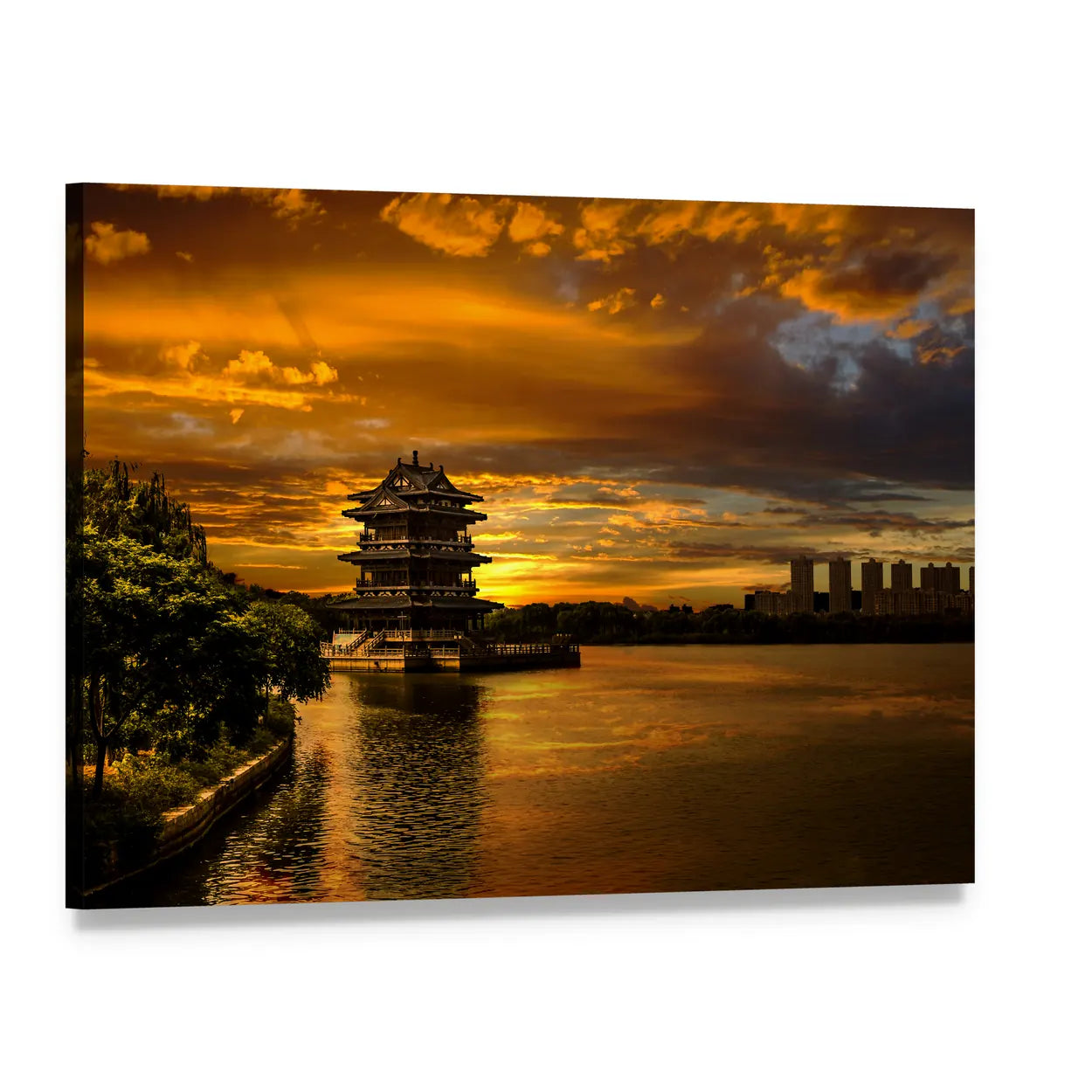 Pagoda at Sunset Over Water Canvas Wall Art, single panel gallery wrapped canvas, angled product view