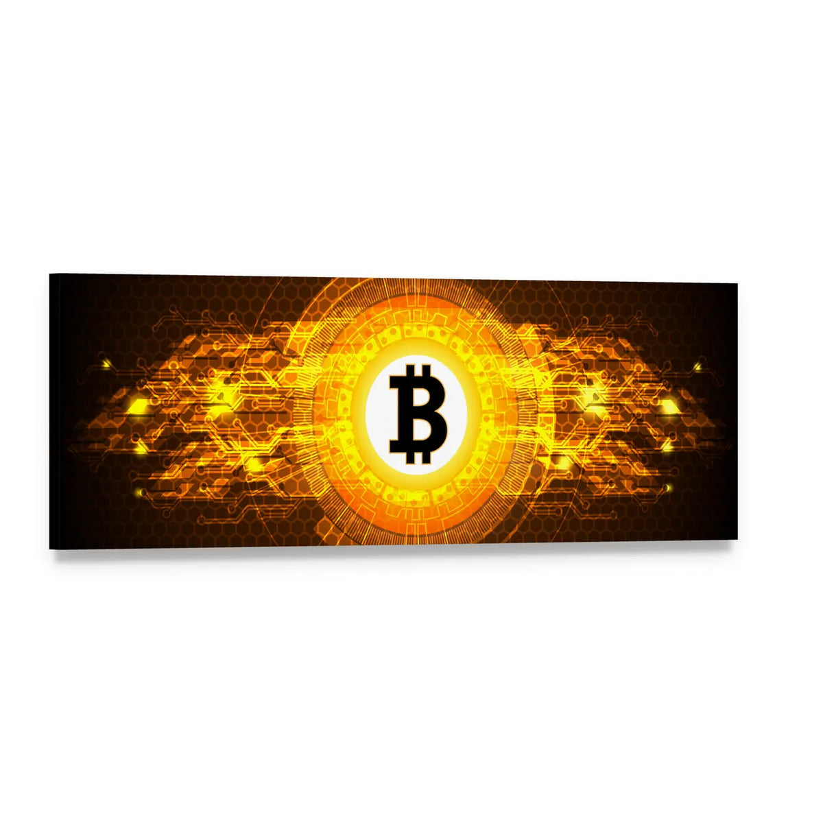 Bitcoin Digital Currency Panoramic Canvas Wall Art, single panel gallery wrapped canvas, angled product view
