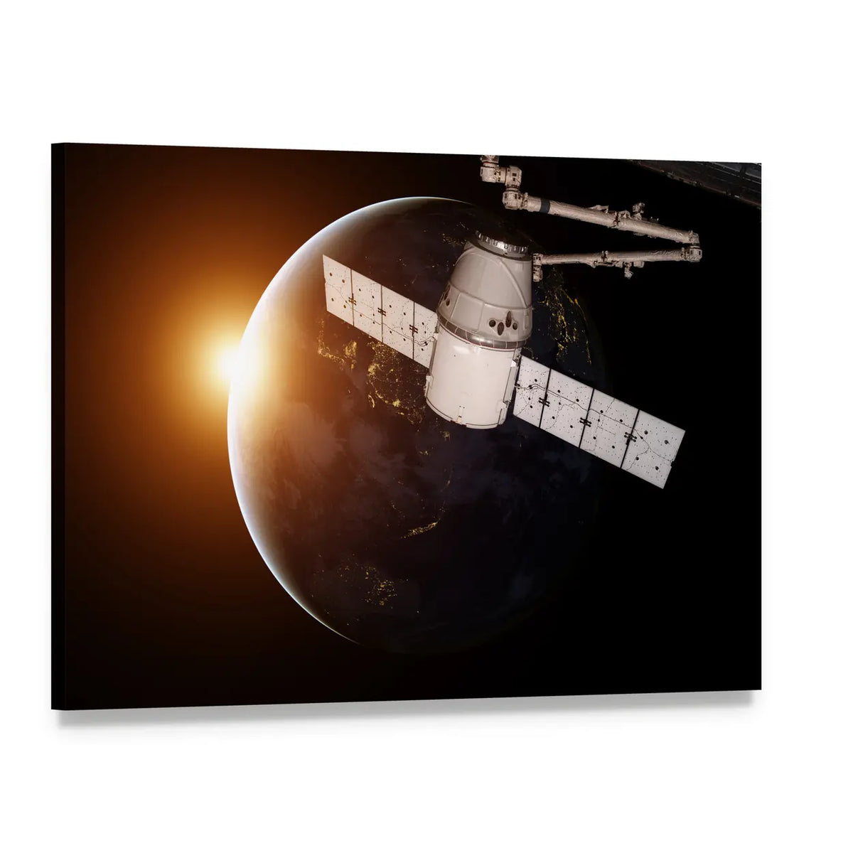 Dragon Capsule Orbiting Earth Canvas Wall Art, single panel gallery wrapped canvas, angled product view
