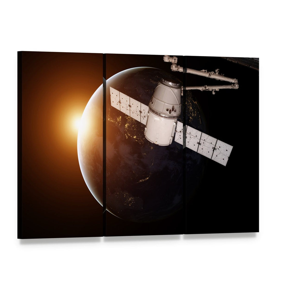 Satellite Orbiting the Planet Earth Canvas Wall Art, 3 panel 3 Horizontal layout gallery wrapped canvas set, angled product view