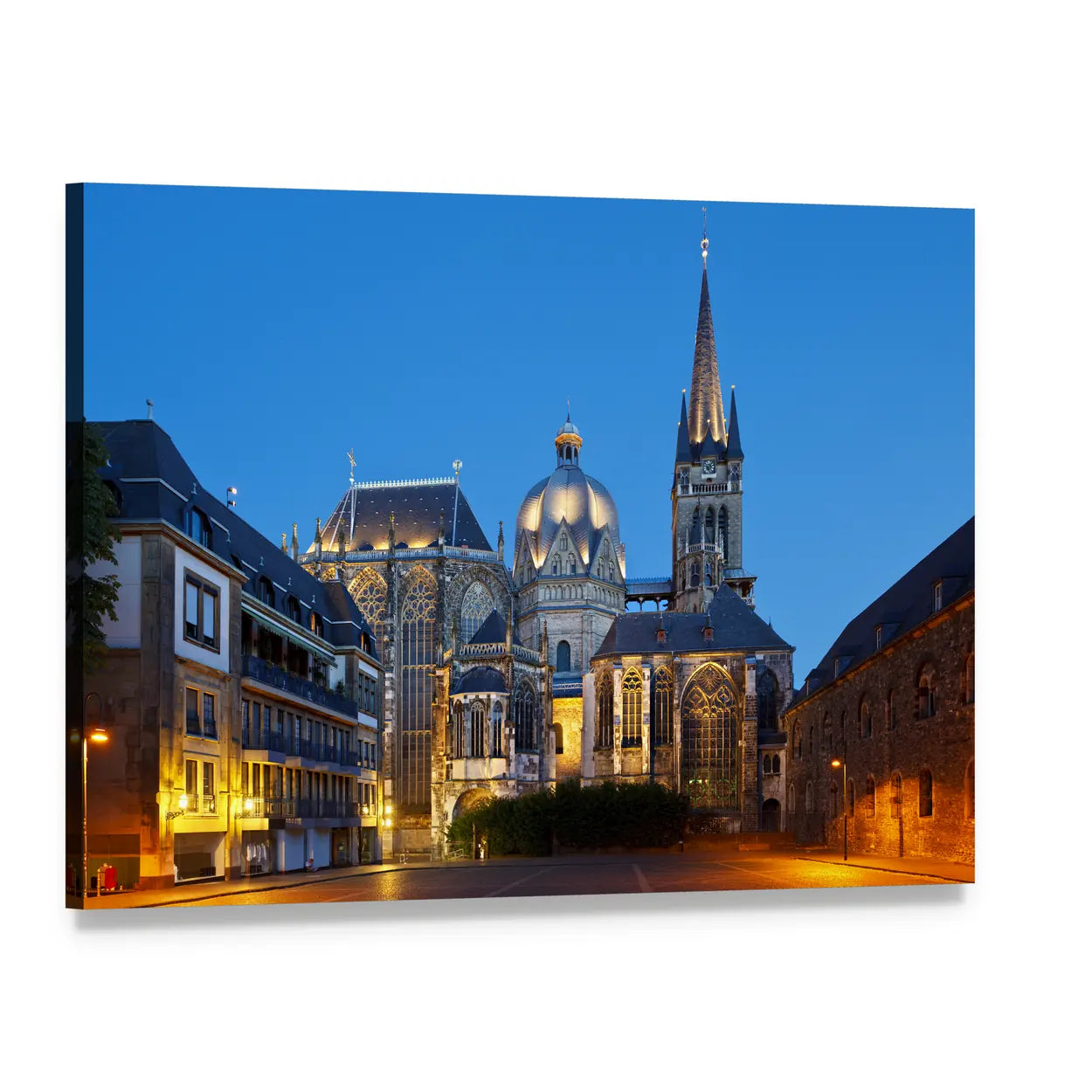 Gothic Cathedral with Spire at Night Canvas Wall Art, single panel gallery wrapped canvas, angled product view