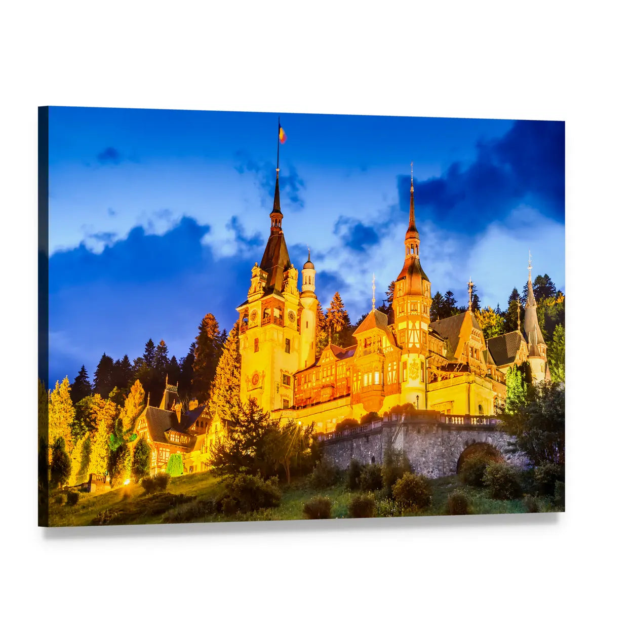 Peles Castle at Twilight Canvas Wall Art, single panel gallery wrapped canvas, angled product view