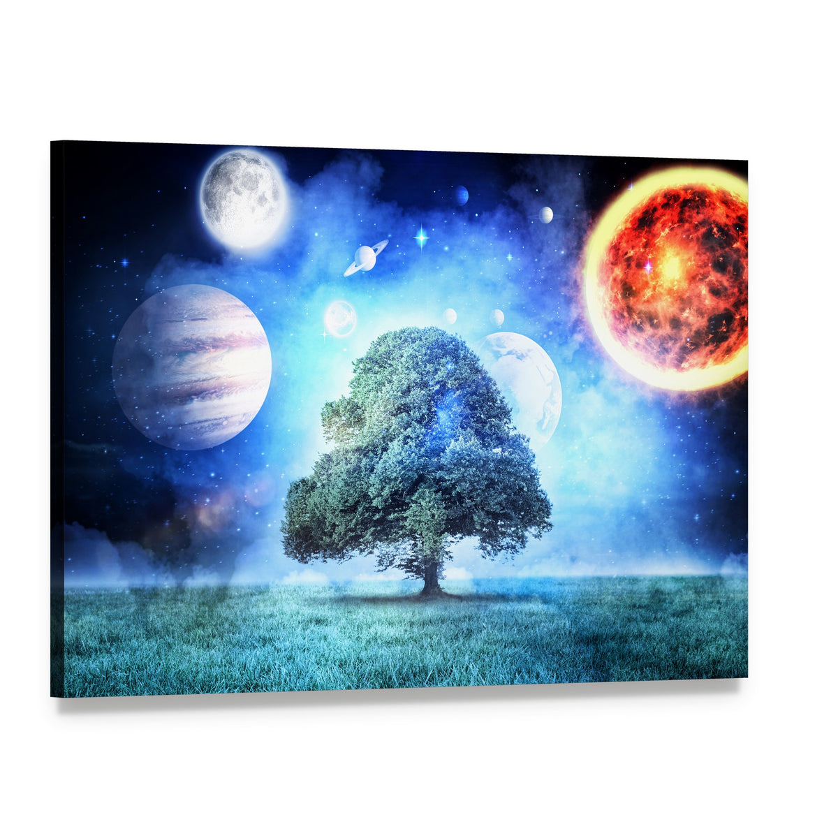 Tree Among Glowing Planets Canvas Wall Art, single panel gallery wrapped canvas, angled product view