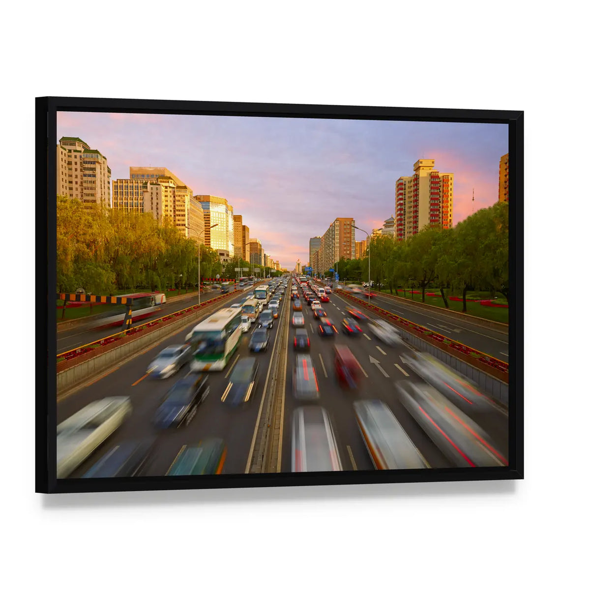 Traffic Crowd In Beijing Canvas Wall Art, framed canvas in a black floater frame, angled product view