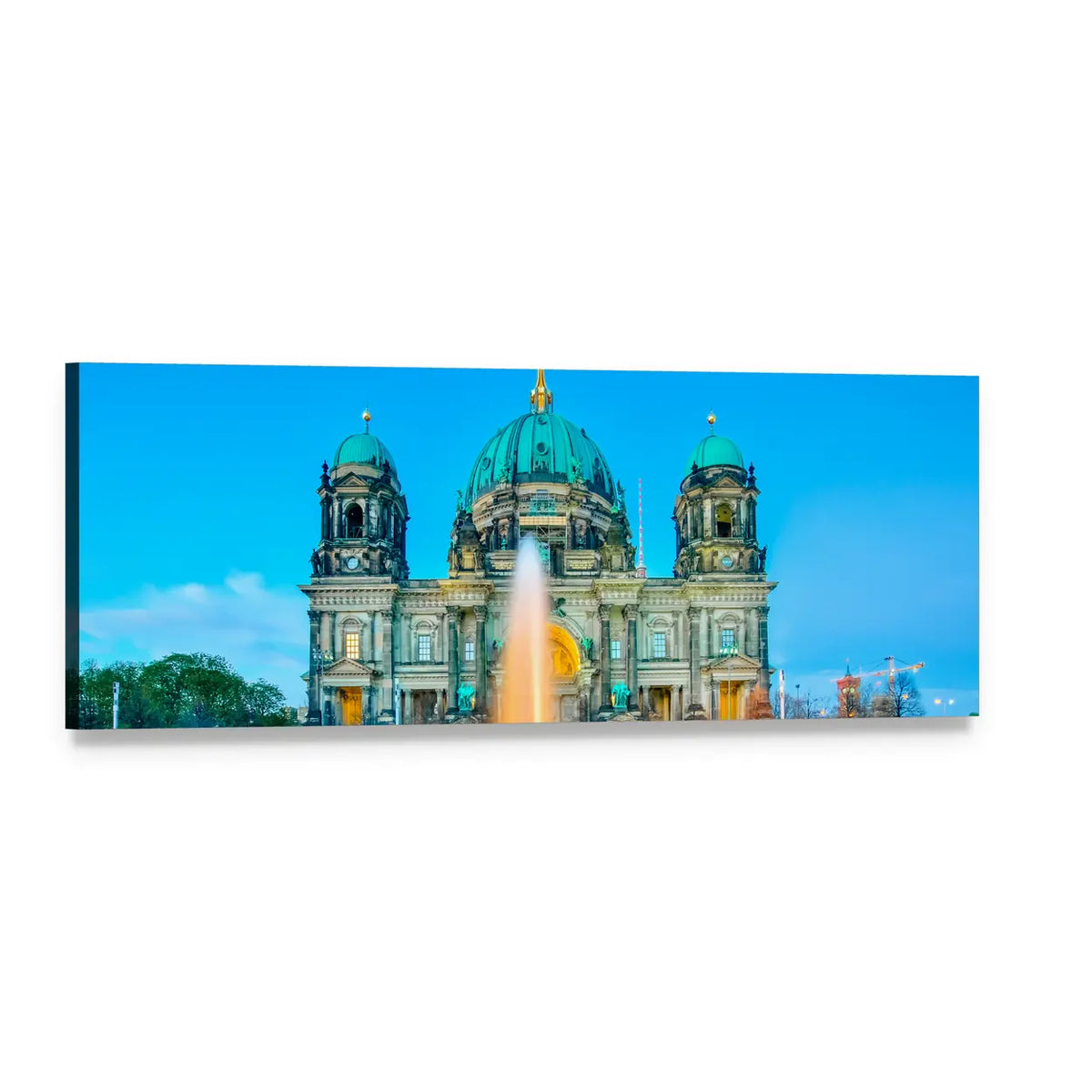Fountain and Berlin Cathedral at Dusk Panoramic Canvas Wall Art, single panel gallery wrapped canvas, angled product view
