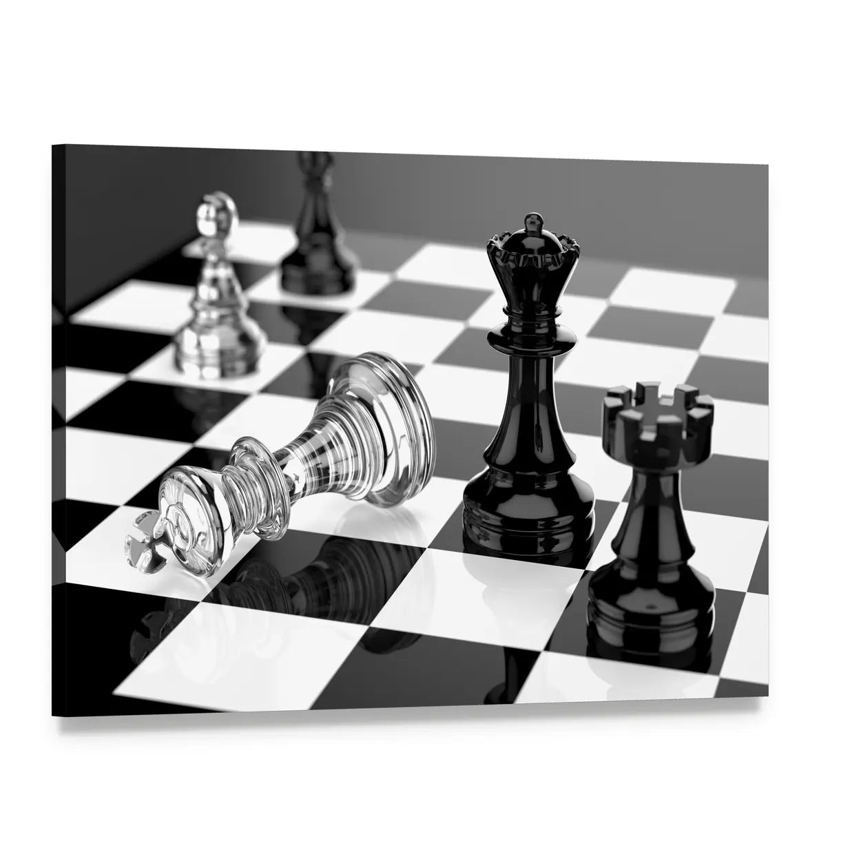 Checkmate with Reflective Chess Pieces Canvas Wall Art, single panel gallery wrapped canvas, angled product view