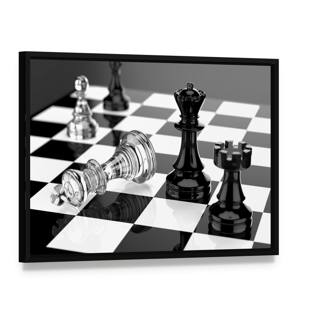 Checkmate with Black & White Board Canvas Wall Art, framed canvas in a black floater frame, angled product view