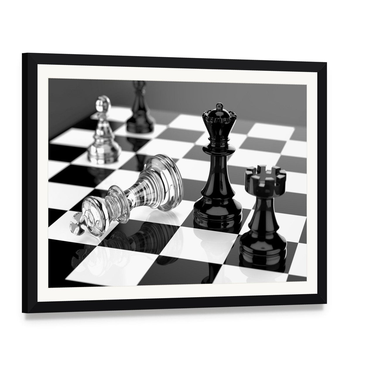 Checkmate with Black & White Board Canvas Wall Art, framed print with white mat and black frame, angled product view