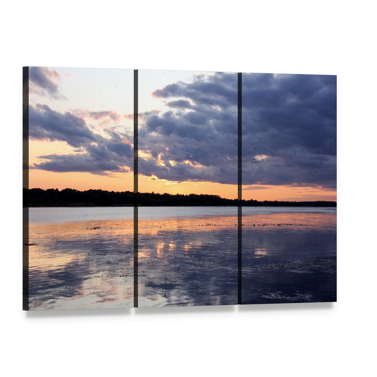 Summer Sunset on River Daugava, Latvia Canvas Wall Art, 3 panel 3 Horizontal layout gallery wrapped canvas set, angled product view